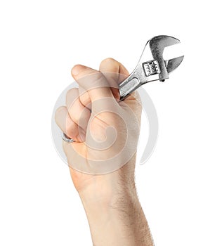 Man holding adjustable wrench isolated on white. Plumbing tools