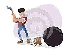 Man holding an ax to cut metal chain The concept of getting out of debt or cutting out bad habits. flat vector illustration