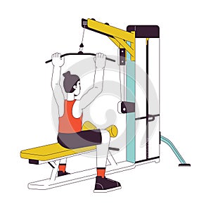 Man holding bar on lat pulldown machine flat line color vector character