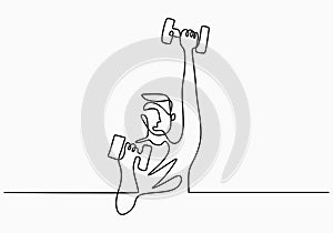 Man holding barbell continuous one line drawing vector illustration. A strong athletic male lifting weights and bodybuilder