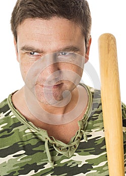 Man holding baseball bat on white background