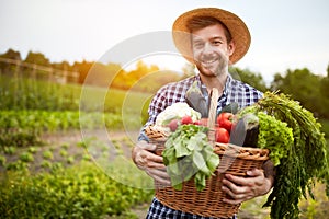 Man holding basket with organic vegetables photo