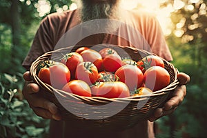 Man Holding Basket with Tomatoes, Generative AI
