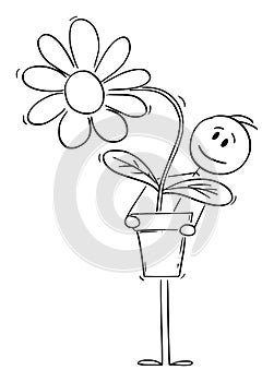 Man Holding Big Flower or Plant in Pot. Vector Cartoon Stick Figure Illustration