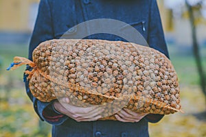 Man holding big hazelnuts bag