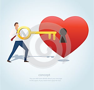 The man holding the big key with keyhole on red heart vector illustration