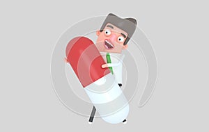 Man holding a big pill. 3d illustration. Isolate.