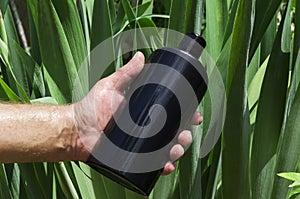 Man holding black bottle of shampoo against green leaves, sun lights