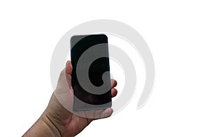 Man holding black smartphone with blank screen  to put your picture. Mock up, copyspace, template, entertainment and technology