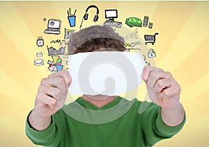 Man holding blank page in front of hos face against graphics icons on yellow background