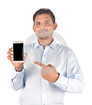 Man holding blank screen smartphone professionally