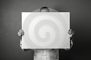 A man holding a blank whiteboard in front of his face