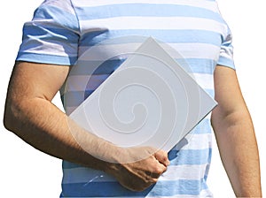 man holding a book or album with an empty cover. mockup, the creator of the scene. isolate, cut out. white background