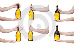 Man holding bottle with delicious wine on white background