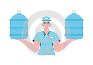 A man is holding a bottle of water. Delivery concept. Cartoon style character is depicted to the waist. Isolated. Vector