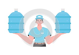 A man is holding a bottle of water. Delivery concept. Cartoon style character is depicted to the waist. Isolated. Vector