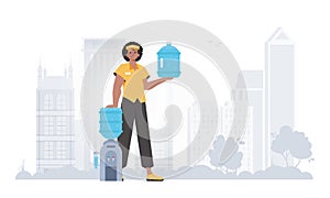 A man is holding a bottle of water. Delivery concept. The character is depicted in full growth. Vector.