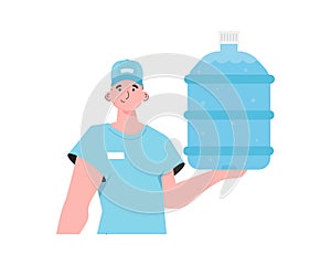 A man is holding a bottle of water. Delivery concept. The character is depicted to the waist. Isolated. Vector