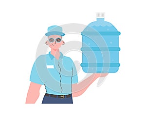 A man is holding a bottle of water. Delivery concept. The character is depicted to the waist. Isolated. Vector.