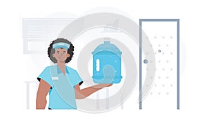 A man is holding a bottle of water. Delivery concept. The character is depicted to the waist. Vector.