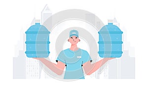 A man is holding a bottle of water. Delivery concept. The character is depicted to the waist. Vector.