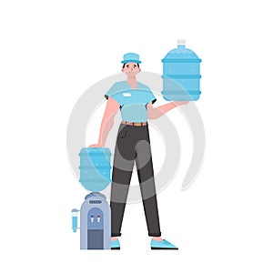 A man is holding a bottle of water. Delivery concept. Stylish character is depicted in full growth. Isolated. Vector