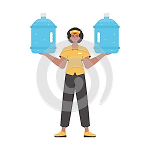 A man is holding a bottle of water. Delivery concept. Stylish character is depicted in full growth. Isolated. Vector.