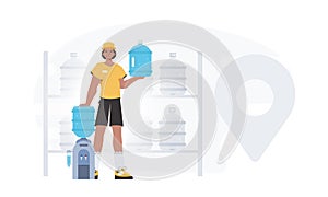 A man is holding a bottle of water. Delivery concept. Stylish character is depicted in full growth. Vector.