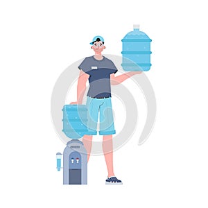 A man is holding a bottle of water. Delivery concept. The trendy character is depicted in full growth. Isolated. Vector