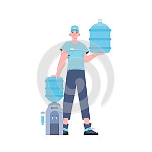 A man is holding a bottle of water. Delivery concept. The trendy character is depicted in full growth. Isolated. Vector.