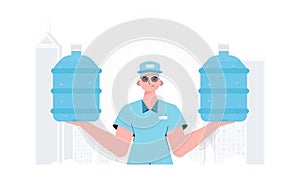 A man is holding a bottle of water. Delivery concept. The trendy character is shown to the waist. Vector.