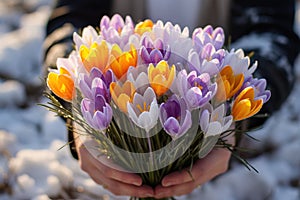 A man is holding a bouquet of crocuses. The first spring flowers