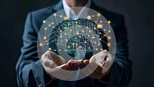 A man is holding a brain with a lot of technology on it by AI generated image