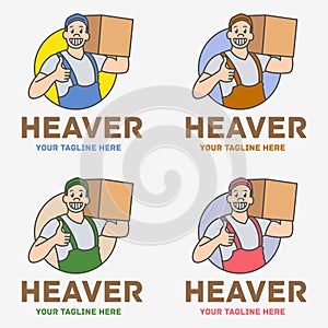 A man holding a cardboard box. Heaver or loader logo in four color modes. Apartment moving service sign