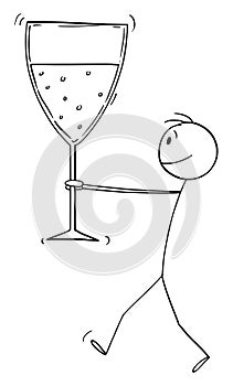 Man Holding or Carrying Big Glass of Wine or Champagne to Celebrate Success, Vector Cartoon Stick Figure Illustration