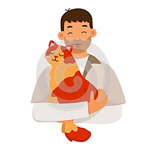 Man holding cat, adorable scene with two friends hug and cuddle, guy playing with kitty