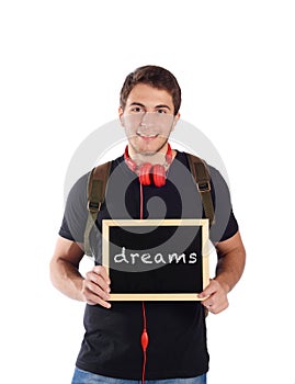 Man holding chalkboard with