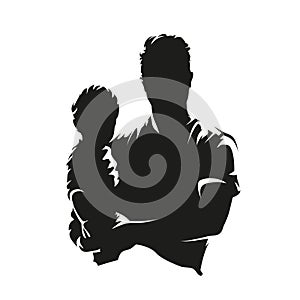Man holding a child in his arms, fron view. Abstract isolated vector silhouette. Young parent with child