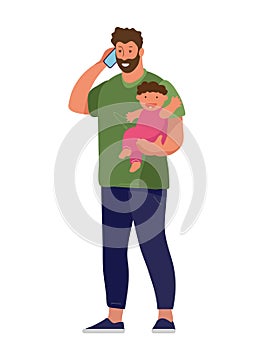 The man is holding the child and talking on the phone. Freelance, remote work, family and work concept. Cartoon flat vector