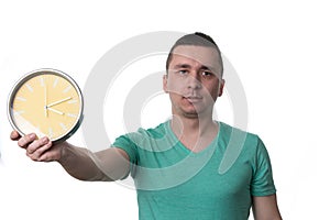 Man Holding A Clock Over White Background