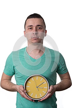 Man Holding A Clock Over White Background