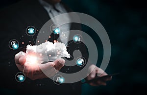 man holding cloud computing diagram show on hand. Data storage.Cloud technology.Secure backup and consistency Networking and