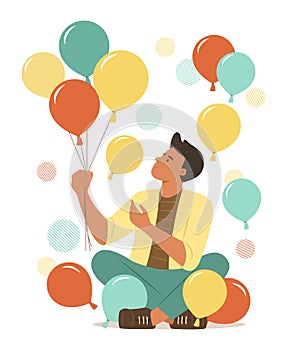 Man Holding Colorful Balloons Festive Concept Illustration