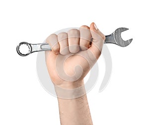 Man holding combination wrench isolated on white, closeup