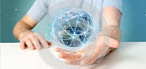Man holding Connection around a world globe 3d rendering