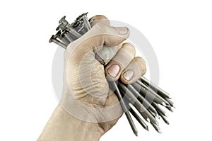 Man holding construction nails in his hand on a white isolated