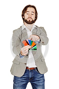 Man holding a credit card isolated on white background