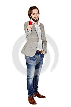 Man holding a credit card isolated on white background