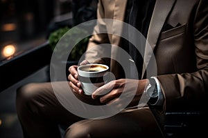 A man holding a cup of coffee close up.