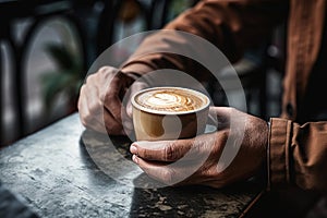 A man holding a cup of coffee close up.